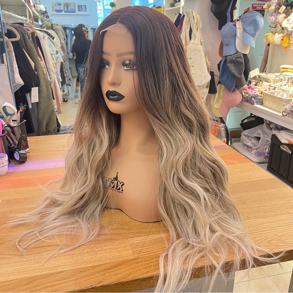 Human hair blend lace front ash blonde with dark roots wavy wig. main image 10